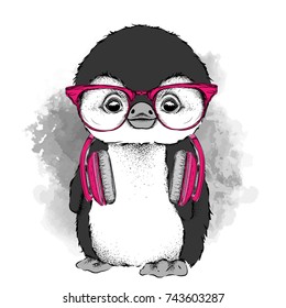 The poster with the image penguin portrait with headphones. Vector illustration.