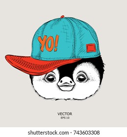 The poster with the image penguin portrait in hip-hop hat. Vector illustration.