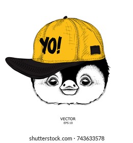 The poster with the image penguin portrait in hip-hop hat. Vector illustration.