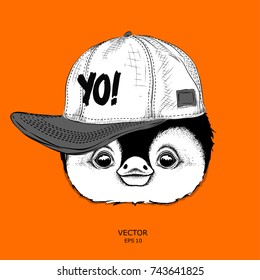 The poster with the image penguin portrait in hip-hop hat. Vector illustration.