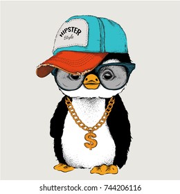 The poster with the image penguin portrait in hip-hop hat. Vector illustration.