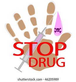 The poster with image of print of palm, syringe and inscription on pure background