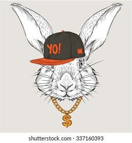 The poster with the image rabbit portrait in hip-hop hat. Vector illustration.