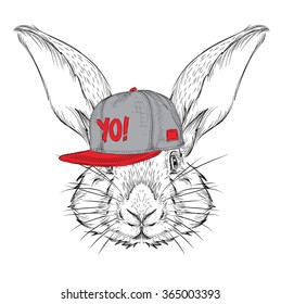 The poster with the image rabbit portrait in hip-hop hat. Vector illustration.