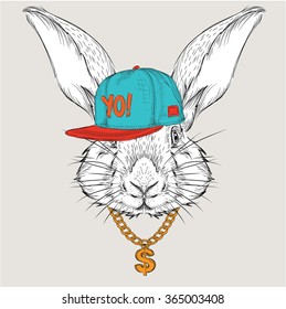 The poster with the image rabbit portrait in hip-hop hat. Vector illustration.