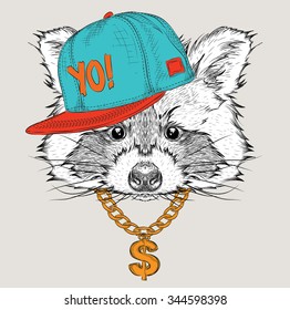 The poster with the image raccoon portrait in hip-hop hat. Vector illustration.