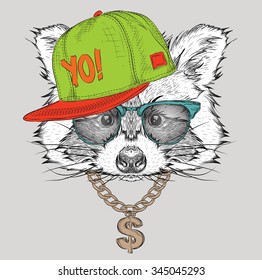 The poster with the image raccoon portrait in hip-hop hat. Vector illustration.