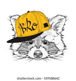 The poster with the image raccoon portrait in hip-hop hat. Vector illustration.