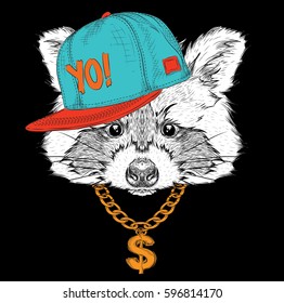 The poster with the image raccoon portrait in hip-hop hat. Vector illustration.