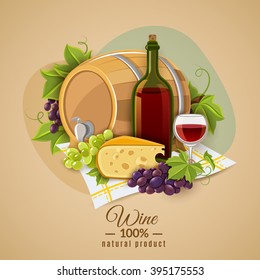 Poster with the image of red wine and cheese snack submitted on colored background vector illustration
