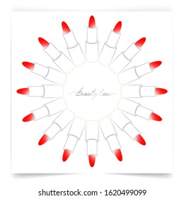 poster with the image of a round frame of lipsticks with lips, logo for cosmetic products or salon