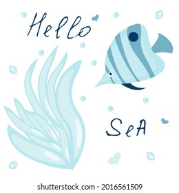 poster with the image of a sea fish and algae with the inscription hello summer - vector illustration, eps