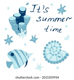 poster with the image of a sea fish, seashells and algae with the inscription it's summer time - vector illustration, eps