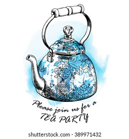Poster with image of a Teapot in blue tones. Vector illustration.