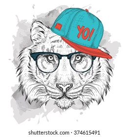 The poster with the image tiger portrait in hip-hop hat. Vector illustration.