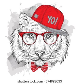 The poster with the image tiger portrait in hip-hop hat. Vector illustration.