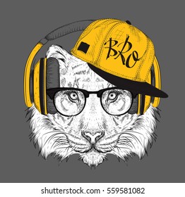 The poster with the image tiger portrait in hip-hop hat. Vector illustration.