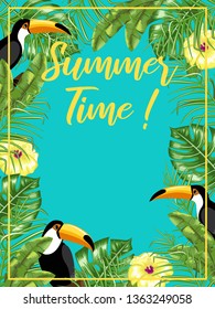 A poster with the image of toucans and tropical leaves. Summer time. Planner. Vector.