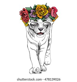 Poster with image of a white tiger in a bright Floral head wreath and in a sunglasses. Vector illustration.