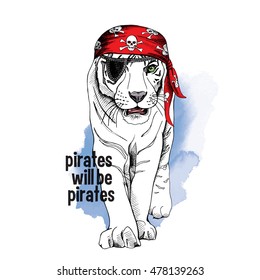 Poster with image of a white tiger in a red pirate's bandana on a blue background. Vector illustration.