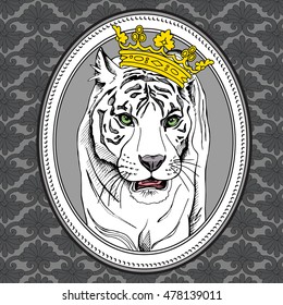 Poster with image of a white tiger with a yellow crown in a frame. Vector illustration.