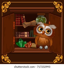 A poster with the image of a wise owl sitting on a bookshelf library with old books. Cartoon vector close-up illustration.