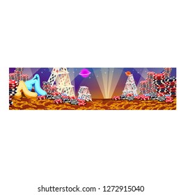 Poster with images of card houses and stacks of game chips. Vector cartoon close-up illustration