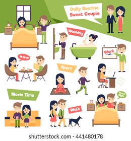 Poster with images set of people daily routine presenting ordinary day of sweet couple cartoon vector illustration