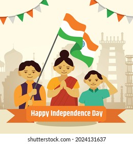 Poster of Independence day of India. A boy holds the Indian flag in hand. Lady folds the hand for Namaste.