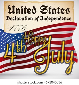 Poster with Independence Day reminder date with a beautiful handwritten message and some patriotic American flags like curtains at both sides of the message.
