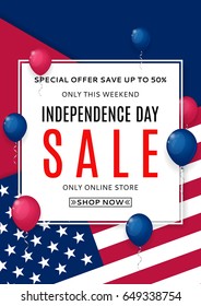 Poster for Independence Day sale. Color background with air balloons. American Independence Day celebration flyer. Vector illustration with USA flag.