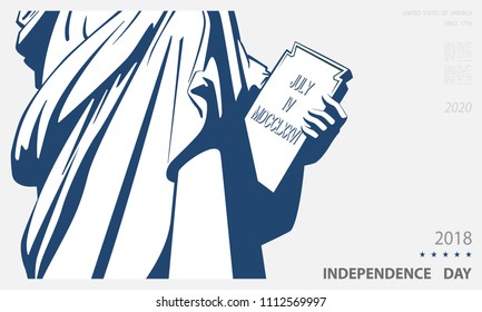 Poster. Independence Day, USA. Statue of Liberty, book. 2018. New York. National Symbol of America. Illustration, gray background. Use presentations, corporate reports, flyer, text, postcards, vector