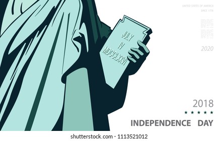 Poster. Independence Day, USA. Statue of Liberty, book. 2018. New York. National Symbol of America. Illustration, white background. Use presentations, corporate reports, flyer, text, postcards, vector