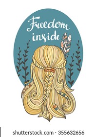 Poster with the indian girl and stylish boho lettering "freedom inside". Vector illustration.