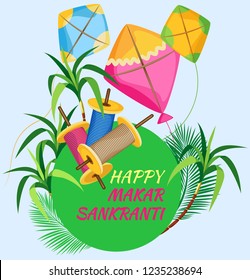 Poster for the Indian holiday Makar Sakranti with kites, coils of colored twine and cane. Green circle with the inscription. And all this on a pastel blue background. Vector illustration