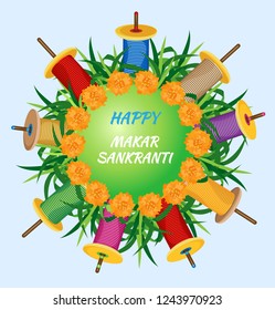 Poster for the Indian holiday Makar Sankranti with a wreath of coils of colored twine and cane. Green gradient circle with the inscription. And all this on a light blue background.