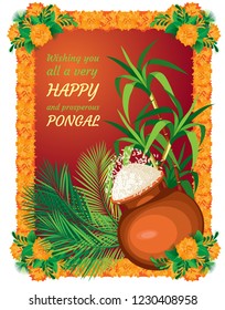 Poster for the Indian holiday Pongal. A pot of rice on the background of cane and palm leaves. Frames frame of marigolds on the corners of bouquets. Background poster orange burgundy gradient