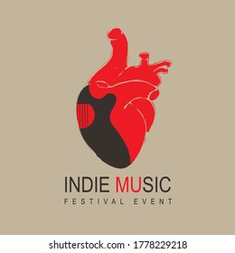 Poster for an indie music festival with a black guitar inside a red human heart. Creative vector illustration, suitable for banner, cover, flyer, invitation, playbill. Music collection