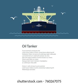 Poster with Industrial Vessel at Sea, Oil Tanker and Text, International Freight Transportation and Shipping, Brochure Flyer Design, Vector Illustration