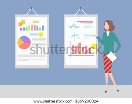 Poster with infocharts and graphics vector, schemes on hanging boards, woman with clipboard and information visual representation and secretary flat style