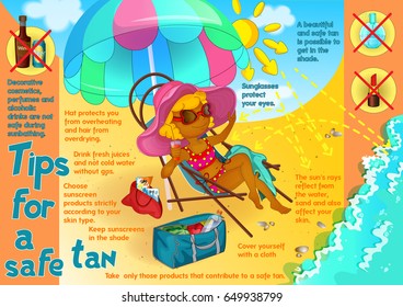 Poster with infographics about the tips for a safe tan. A girl in a swimsuit, a pink hat and with a drink in her hand sits in a beach chair under an umbrella. Cartoon. Summer beach banner.