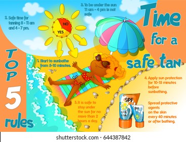 Poster with infographics on the topic of safe tun. Time rules for safe tun. A girl in sunny glasses is sunning on the beach under an umbrella near the sea. Cartoon. Summer beach banner.