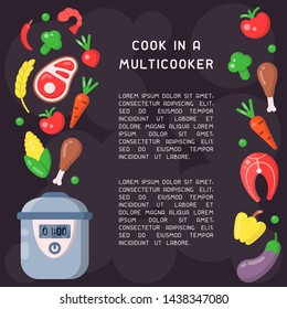 Poster with information about cooking in a multicooker. Flat style vector illustration