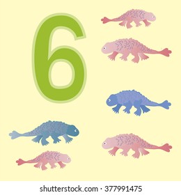 Poster for initial numeracy skills. Number six.Next to the number six dinosaurs.