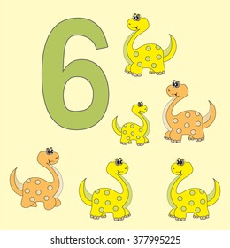 Poster for initial numeracy skills. Number six.Next to the number six dinosaurs.