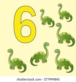 Poster for initial numeracy skills. Number six.Next to the number six dinosaurs.
