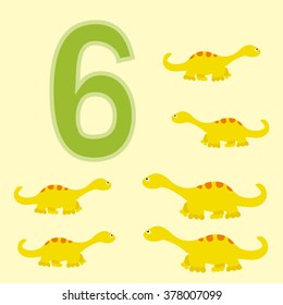 Poster for initial numeracy skills. Number six.Next to the number six dinosaurs.
