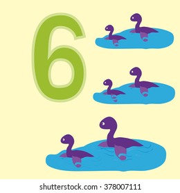 Poster for initial numeracy skills. Number six.Next to the number six dinosaurs.