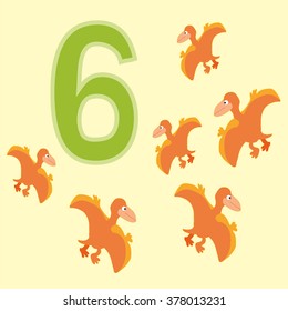 Poster for initial numeracy skills. Number six.Next to the number six dinosaurs.