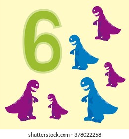 Poster for initial numeracy skills. Number six.Next to the number six dinosaurs.